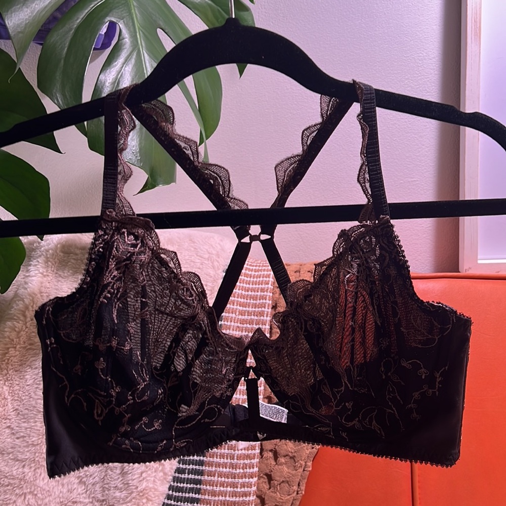 Free people Intimately Black and Brown underwire Bra scalloped straps -36DD NWOT
